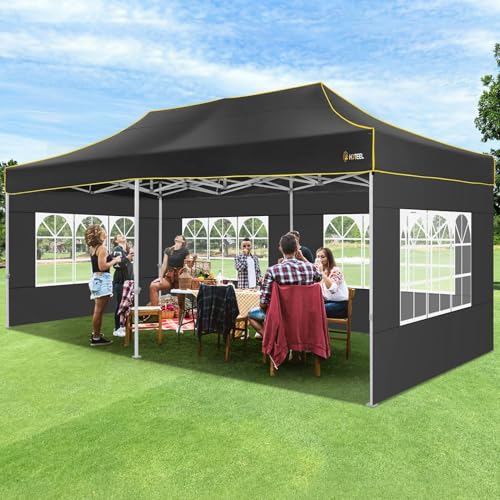 HOTEEL 10x20 Heavy Duty Pop up Canopy Tent with 6 Sidewalls, Easy Setup Outdoor Commercial Instant Tent for Parties Wedding Event, with Roller Bag & Sand Bags, Black(Hexagonal Frame) - color: Black, size: 10x20ft (+6 Walls)