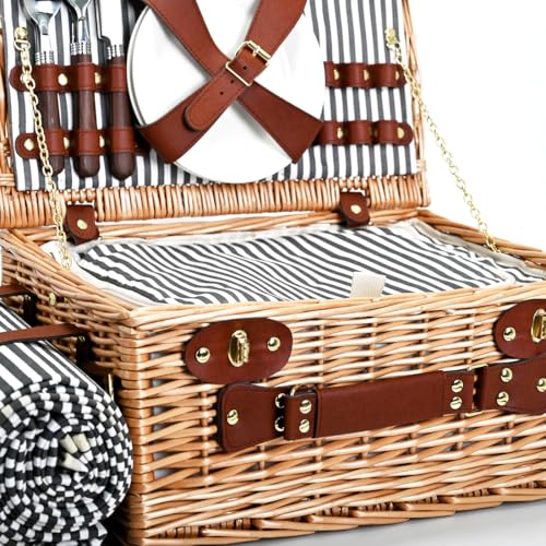 Picnic Basket with Blanket and Wine Pouch for 4, Wicker Picnic Set with Insulated Liner Cooler Bag Hamper for Camping,Wedding - Stripes - color: Stripes With Blanket for 4