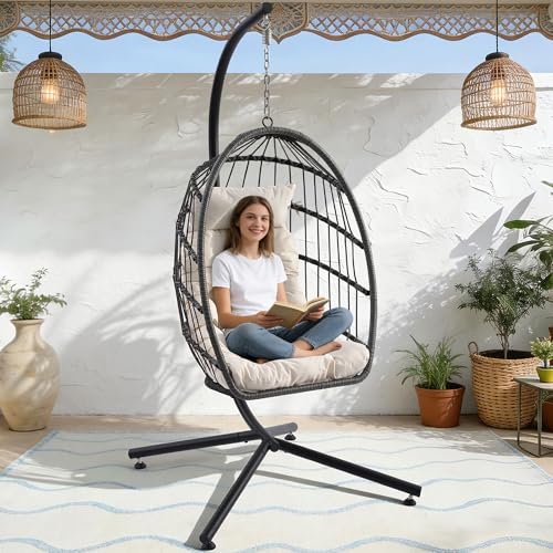 Outdoor Hanging Egg Chair with Stand & Oversized Cushion, 350LBS Capacity Heavy-Duty Patio Swing Hammock Chair, Thickened Metal Frame for Garden, Balcony, Bedroom (Beige, Solo) - color: Beige, size: Solo