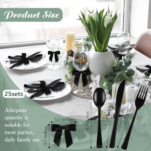 Minatee 25 Sets Black Plastic Cutlery Set with Twist Tie Bows, Heavy Duty Tableware Disposable Forks Knives Spoons Silverware Utensils Set for Coquette Birthday Bow Party Table Setting Picnics - color: Black
