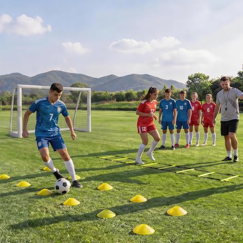 Soccer Goal for Backyard, Heavy Duty Soccer Net with Safety Foam Padded Metal Post, Durable Goals with Training Set Agility Ladder & 12 Cones for Youth & Adults Practice