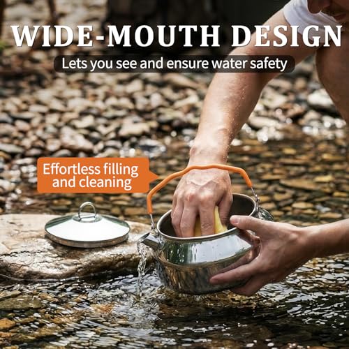 Camping Kettle, Portable Stainless Steel 1.4L Food Grade Water Kettle, Large Opening with Heat-Resistant Handle, Suitable for Gas, Induction Cooktop, Open Flame, Electric Stove, Silver