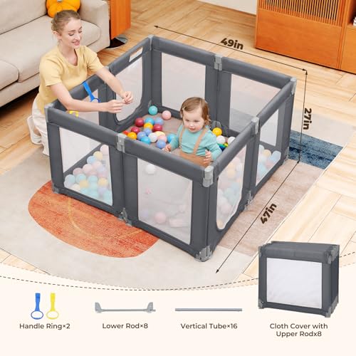 Dripex Small Foldable Baby Playpen, 49"x47" Small Space Play Yard for Travel - Portable Collapsible Play Pen for Babies, Indoor Outdoor Baby Fence, Grey - color: Grey, size: 49"×47" Foldable