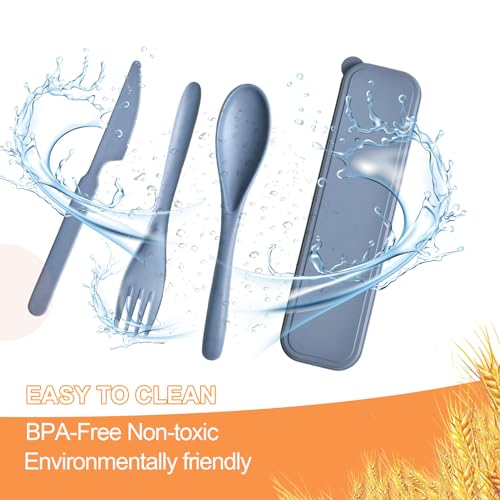 Travel Utensils Set with Case, 4 Sets Camping Utensils Wheat Straw Reusable Utensils Set With Case, Knife Fork and Spoon Utensils for Lunch Box - color: Blue, Light blue, Beige, Gray