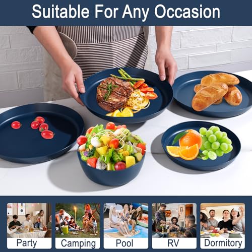 EI 12pcs Dark Blue Wheat Straw Dinnerware Set,Wheat Straw Plates,Plastic Plates Reusable,Plate and Bowls Sets,Unbreakable Plastic Plate for Dinner, Camping,Picnic - color: Dark Blue Wheat Straw Plates and Bowls