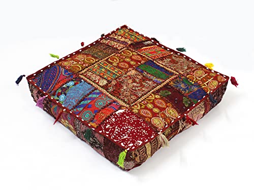 Mam Treasures Indian Bohemian Decorative Pillow Vintage Cushion Cover Patchwork Square Floor Pillow Cover Meditation Cushion Large Floor Pillow Indian Cushion (Brown, 16 X 16 X 5 Inch) - color: Brown, size: 16" x 16" (Pack of 1)