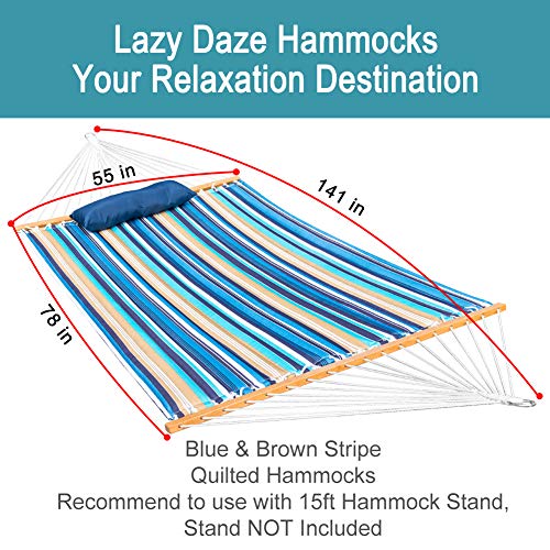 Lazy Daze Hammocks 12 FT Quilted Fabric Double Hammock with Spreader Bars and Detachable Pillow, 450lbs Weight Capacity - color: Beach Stripes