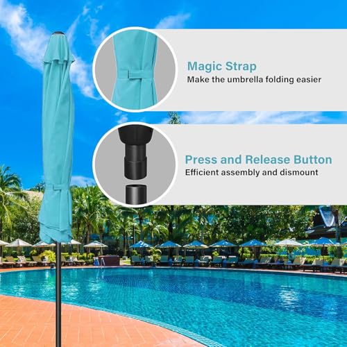 HealSmart 9' Outdoor Patio Umbrella, Market Table Umbrella with 8 Sturdy Ribs, Push Button Tilt and Crank for Garden, Yard, Pool, Turquoise - color: Turquoise, New, size: 9FT