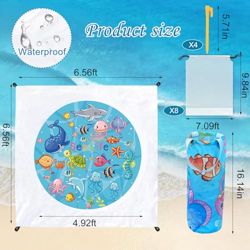 Portable Square Baby Beach Pool, 6.5 X 6.5 Feet Marine Cartoon Animals Toddler Puddle Pool Blue 2 in 1 Childs Beach Blanket and Kiddie Pools Flexible Kids Beach Pools with Carrying Bag for Boys Girls - size: Ocean Theme Diameter 2m / 6.5ft