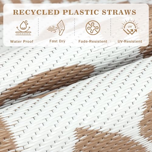 6ft Round Waterproof Outdoor Patio Rug, Reversible Plastic Straw Rug, Classic Floral Pattern Picnic Mat for RV Camping, Backyard, Deck, Porch & Garden, Light Taupe - color: Light Taupe, size: 6' (Round)