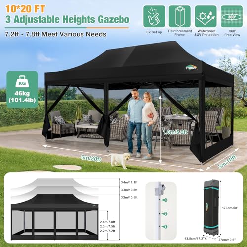 COBIZI 10x20 Canopy Tent, Heavy Duty Pop up Canopy with Sidewalls, Waterproof Easy Setup Canopy with Mosquito Netting, Outdoor Instant Screen Tents for Parties, Wedding with Roller Bag, Black - color: Black, size: 10x20FT