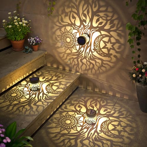 4 Pack Large Solar Fence Lights Metal Solar Powered Outdoor Wall Deck Step Lights Tree Theme Waterproof Fence Light for Garden Post Patio Backyard Yard Decor, Gardening Gifts for Women Mom Grandma - color: Tree-L, size: 4 Pack