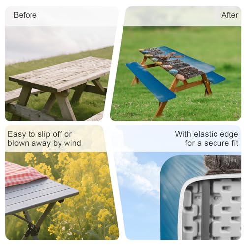 ANNA QUEEN Easter Outdoor Scene 6FT Picnic Table Cover with Bench Covers Set of 3 with Drawstring Bag, Bunny Fence Easter Eggs 72"x30" Waterproof Picnic Tablecloth & Bench Covers - color: #61