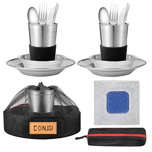 Outdoor Camping Mess Kit - 1 to 2 persons Camping Dishes Includes Cups, Bowls, Dishes, Knives, Forks, Spoons, Etc, Camping Dinnerware Set with Mesh Bag is Easy to Carry Camping Tableware Set - color: 2 person set black