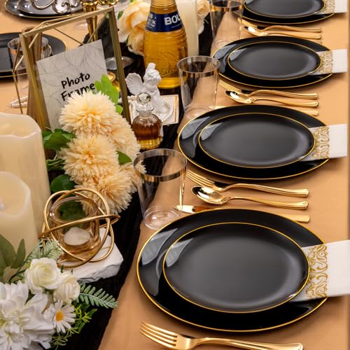 Supernal 350pcs Black & Gold Plastic Dinnerware Set, Elegant Black Plates with Golden Edges, Gold Plastic Silverware, Durable Tableware Perfect for Birthdays, Parties, Wedding, Celebration - color: 350pcs Black Plastic Plates with Gold Rim