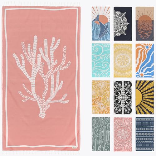 FESHKA Sand Proof Turkish Beach Towel – Oversized, Quick Dry & Lightweight Travel Towel - 100% Organic Cotton Beach Blanket - Perfect for Bath, Pool & Picnic | Coral (Pink) - color: 17 - Pink
