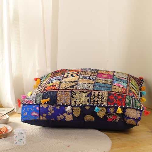 THE ART BOX Cotton Patchwork Vintage Boho Embroidered Floor Pillows & Cushion Cover Dog Pouf Seating Pouf Meditation Pillow Pet Bedding Cat Bed Boho Home Décor (35x35 Inches, Cover Only) - color: Blue