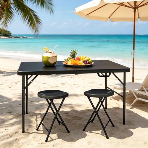 Portable Plastic Folding Table 4ft/6ft/8ft Heavy Duty White Black Picnic Dining Table Fold-in-Half for Camp Party Kitchen Indoor Outdoor - color: Black, size: 4FT, style: Flat Desktop