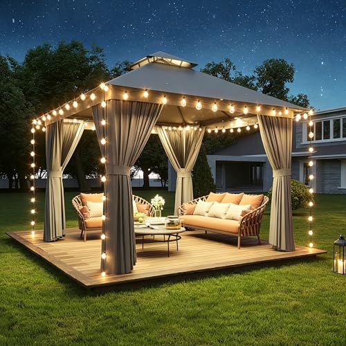 Aoxun 10x10 Outdoor Gazebo with 50FT LED Lights, Metal Frame Canopy Gazebo Double Roof Heavy Duty Patio Gazebo, Backyard Gazebo with Mosquito Netting & Waterproof Curtains for Garden Lawn (Gray) - color: Gray, size: 10 X 10 w/Lights