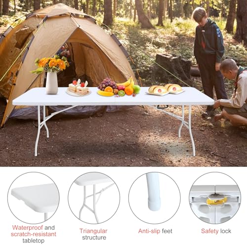 Portable 8Ft Folding Table, Heavy Duty Plastic Fold-in-Half Utility Foldable Dining Table, Multi-Purpose Plastic Folding Table with Carrying Handle for Camping and Party Indoor/Outdoor (White) - color: White, size: 8Ft