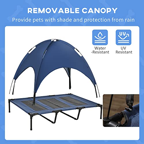 PawHut Elevated Dog Bed with Removable Canopy, Outdoor Dog Cot with UV Protection Canopy Shade, 48 inch Large Pet Bed for Camping, Dark Blue - color: Blue, size: 48 inch