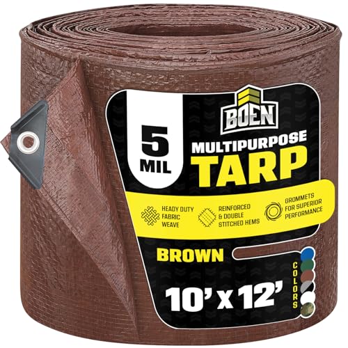 Multi-Purpose Large Tarp Waterproof Cover | Brown, 10' x 12' 5 Mil Thick | Rip Proof Tarps | Thick Weave Material, UV Resistant Great for Tarpaulin Canopy Tent, Boat, RV or Pool Cover - color: Brown - 5 Mil, size: 10' x 12'