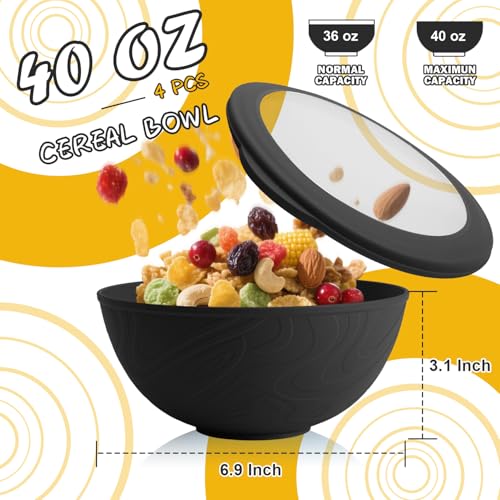 40 OZ Unbreakable Cereal Bowls with Lids, Wheat Straw Bowls Set of 4 with Unique Pattern, Reusable Plastic Bowl for Cereal, Soup, Salad and Ramen, Indoor & Outdoor Essentials, Black - color: Black, size: 40 Oz With Lid