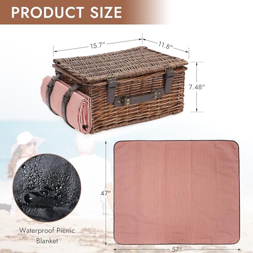 Picnic Basket Set for 2 Persons with Cooler and Waterproof Picnic Blanket, Classical Wicker Picnic Baskets with Waterproof & Sand-Proof Beach Mat,Willow Hamper Service Gift Set - size: 15.45" for 2 Persons With Cooler