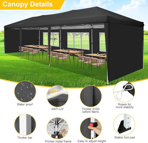 COBIZI 10x30 Pop Up Canopy Tent with 5 Sidewalls Party Tents for Parties Wedding Backyard Waterproof Outdoor Commercial Canopy Event with Sandbags, Black - color: BLACK, size: 10x30FT with 5 sidewalls