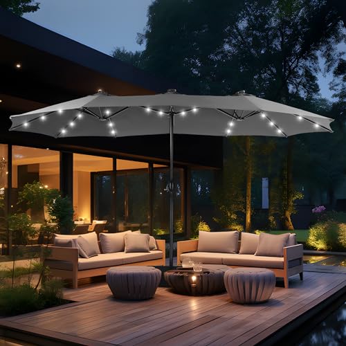 MFSTUDIO 15ft Double Sided Patio Umbrella with Solar Lights, Outdoor Large Umbrellas with Crank Handle and 36 LED Lights, Rectangular Market Umbrella with Base Included for Deck Pool Shade, Smoky Gray - color: Smoky Gray