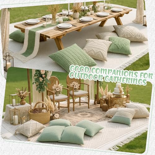 Beeveer Extra Large Outdoor Boho Picnic Blanket 91'' x 71'' Green Table Runner 6 Throw Pillow Cover Woven Cotton Yarn Oversize Beach Blanket Washable for Picnic Camp Wedding - color: Sage Green, size: Fit 4-6 People 91'' X 71''