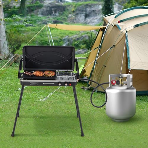 HAPPYGRILL Portable Camping Stove, 2-Burner Propane Grill Cooker with Removable Leg Stand, Roast Grill, Dual Control Knobs, Wind Guards, Outdoor Gas Grill for Camping BBQ Picnic (Black) - color: Black