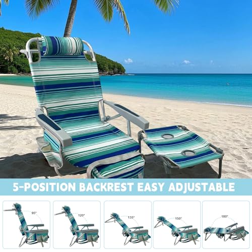 Backpack Beach Chair Aluminum 2 Pack with Folding Camping Table 5-Position Lay Flat Lounge Chair Outdoor for Adults with Insulated Cooler Bag and Cup Holder - color: Cyan, size: 2 PACK