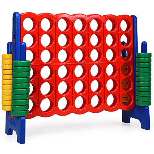 COSTWAY Jumbo 4-to-Score Giant Game Set, 4 in A Row for Kids and Adults, 3.5FT Tall Indoor & Outdoor Game Set with 42 Jumbo Rings & Quick-Release Slider, Perfect for Holiday Party & Family Game - color: Blue