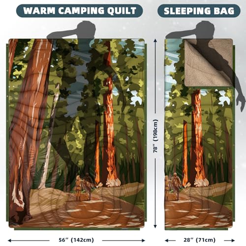 Outdoor Camping Blanket with Sherpa Lining, Extra Warm Thick Camp Blankets and Puffy Ultralight Soft Poncho DWR Camping Quilt for Cold Weather, Adventure, Sleeping, Backpacking 78"x 56" - color: Olive Green, size: 78 x 56 inches
