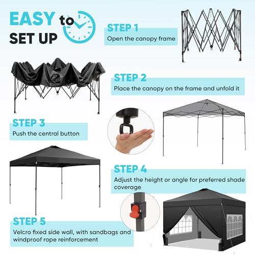 GDY 10x10 Pop Up Canopy Tent with 4 Sidewalls, Easy Set up with One Push Lift Outdoor Silver Coated Beach Gazebos, Carpas with 4 Sandbags, for Events, Parties,Camping, Black. - color: Black, size: 10x10 with 4 Sidewall