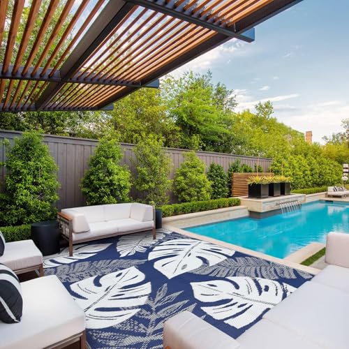 Waterproof Outdoor Rug 10x14 ft, Plastic Straw Patio Area Rug, Reversible Tropical Leaf Porch Mat, Picnic Camping Portable Carpet Rug, for RV Camper, Deck, Balcony, Porch, Beach, Navy/White - color: Navy & White, size: 14' x 10' (Rectangular)