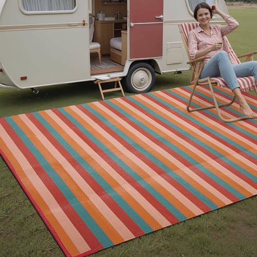 PureCozy Outdoor Waterproof Patio Rug 6x9 Plastic Straw Reversible Outside Orange Red Colorful Striped Carpet Lightweight Large Rug for Camping RV Porch Deck Balcony Beach - color: Stripe | Orange Red, size: 6' x 9' (Rectangular)