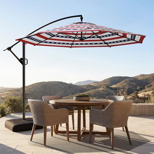 HOMSHADE 10ft Offset Patio Umbrella - w/Base, Cantilever Offset Hanging Patio Outdoor Market Umbrella UPF50+ UV Protection with Easy Tilt and Crank for Pool Deck and Garden(Red & Blue Star Stripes) - color: Red & Blue Star Stripes