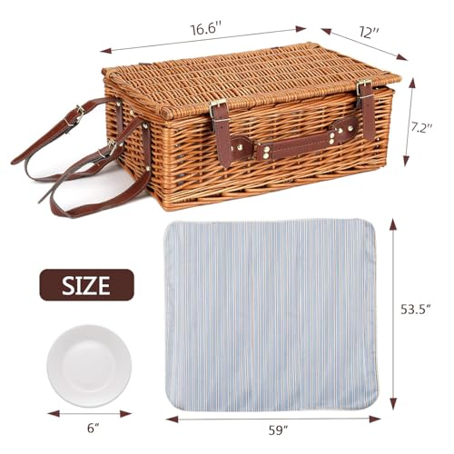 Picnic Basket for 4 Persons with Waterproof Picnic Blanket and Insulated Cooler, Large Wicker Picnic Basket for Camping, Outdoors, Valentine's Day, Christmas, Birthday, Wedding Gift - color: Green Stripes