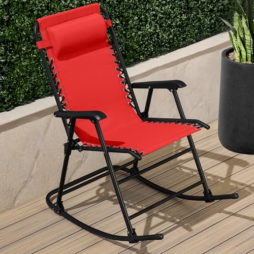 Best Choice Products Outdoor Zero Gravity Rocking Chair, Folding Reclining Patio Lounge Chair with Adjustable Pillow for Lawn, Beach, Camping - Crimson Red - color: Crimson Red
