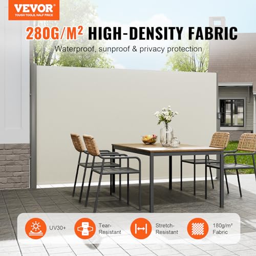 VEVOR Retractable Side Awning, UV 50 71''x118'' Rugged Full Aluminum Rust-Proof, Patio Sunshine Screen, 280 g Thicken Privacy Divider Wind Screen, Suitable for Yard, Roof Terraces and Pools, Beige - color: Beige, size: 71''*118''