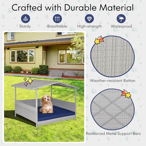 Tangkula Wicker Dog House, Indoor Outdoor Raised Rattan Dog Bed w/Removable Cushion, Washable Cover, Weatherproof Roof, Rattan Puppy Shelter w/Elevated Floor for Small Medium Dogs (Grey & Navy) - style: Grey House & Navy Cushion