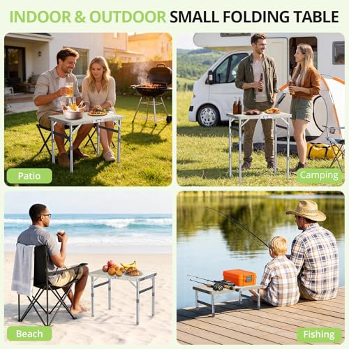 2ft Plastic Folding Camping Table, 3 Adjustable Height Waterproof Small Folding Table Lightweight & Portable with Carry Handle for Outdoor Camping RV Travel Picnic Beach, 22.8" X 15.7", White - color: White