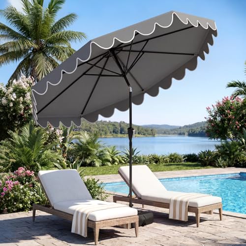 Tangkula 10 FT Patio Umbrella with Base Included, 2-Tiers Outdoor Scalloped Table Umbrella with 2 Sandbags, Tilt Adjustment, Crank, 8 Ribs for Market Backyard Pool Deck Beach Lawn - color: Gray, size: 10 FT