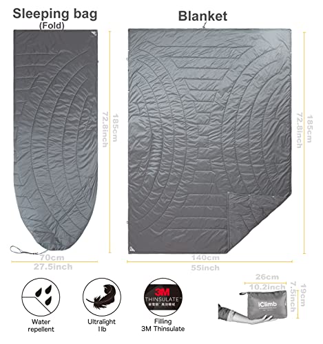 iClimb 3M Thinsulate Insulation Warm Camping Blanket Ultralight Compact - color: Light Grey, size: 72.8” × 55”, 1 lb