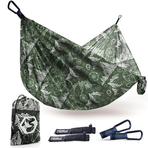 Foxelli Camping Hammock – Ultralight Hammock for Backpacking, Hiking, Festivals, Travel - Easy Setup with Tree-Friendly Ropes & Steel Carabiners, Heavy Duty Parachute Nylon - color: Adventures Green