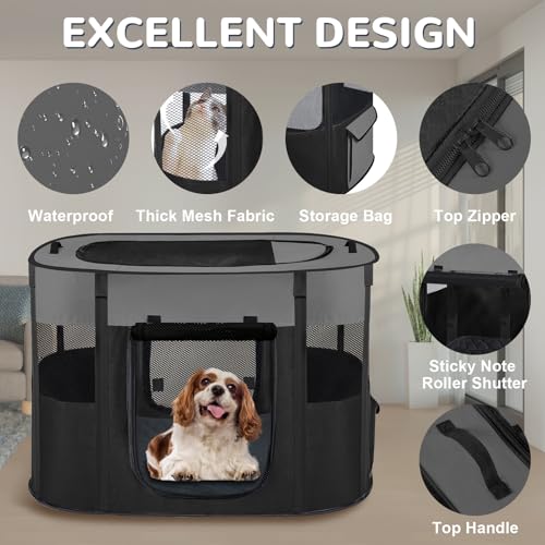 Portable Dog Cat Playpen with Waterproof Pad,Collapsible Pet Puppy Kitten Crate,Foldable Small Animals Kennel Cage for Indoor Outdoor Travel Camping,Water-Resistant Breathable Shade Cover (Grey M) - color: Grey, style: Medium(32*24*22)