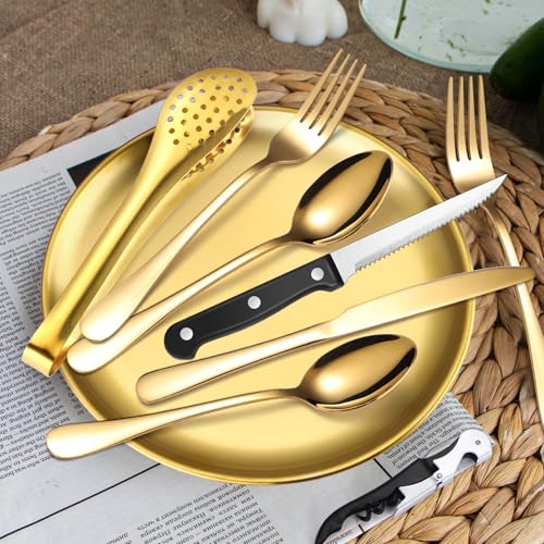 Camping Silverware Kit Cutlery Organizer Utensil Picnic Set Stainless Steel Plate Spoon Clip and Serrated Knife Wine Opener Fork Napkin Hiking - Camp Kitchen BBQ’s - color: Camping Silverware Set-13set-Gold