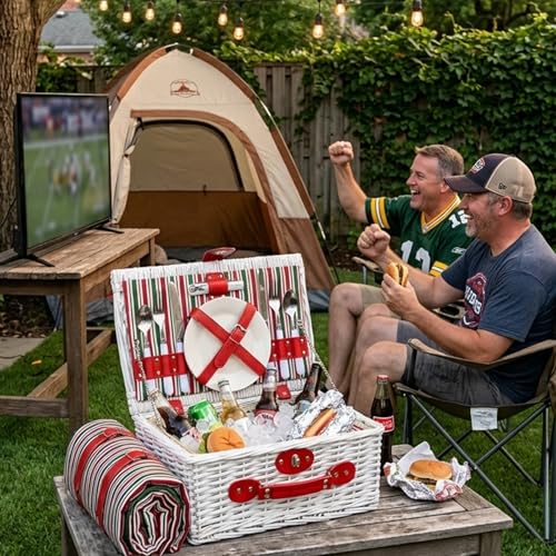 Wicker Picnic Basket for 2 with Waterproof Picnic Blanket and Insulated Bag Red and Green Color Scheme for Soccer Game, Camping, Travel, Birthday Gift, Wedding Gift - color: Classic Red and Green Stripes